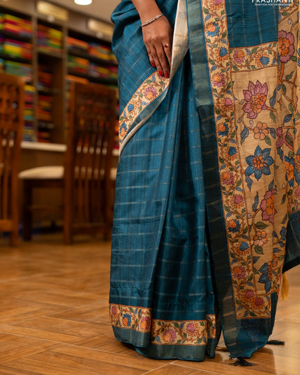 Peacock Blue & Beige Semi Tussar Saree - Kalamkari Prints