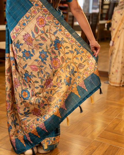 Peacock Blue & Beige Semi Tussar Saree - Kalamkari Prints
