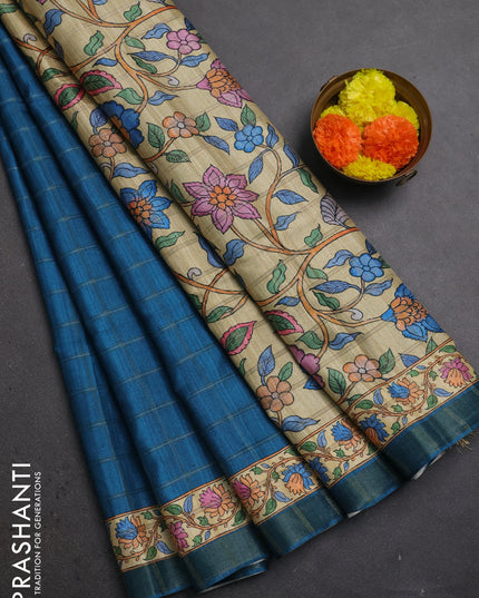 Peacock Blue & Beige Semi Tussar Saree - Kalamkari Prints