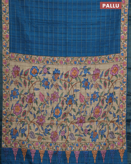 Peacock Blue & Beige Semi Tussar Saree - Kalamkari Prints