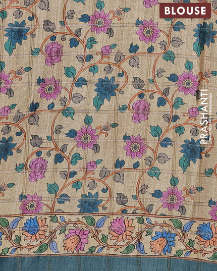 Peacock Blue & Beige Semi Tussar Saree - Kalamkari Prints