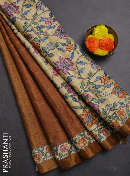 Mustard Yellow & Beige Semi Tussar Saree - Kalamkari Prints