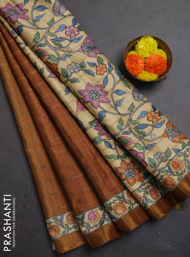 Mustard Yellow & Beige Semi Tussar Saree - Kalamkari Prints