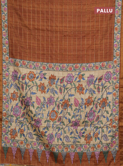 Mustard Yellow & Beige Semi Tussar Saree - Kalamkari Prints