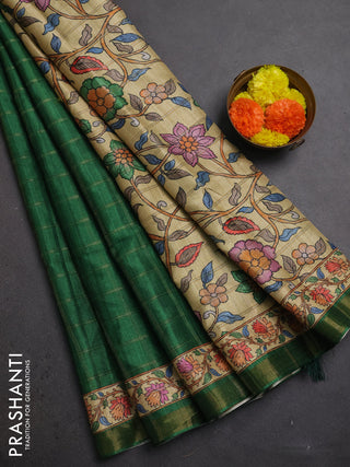 Green & Beige Semi Tussar Saree - Kalamkari Prints