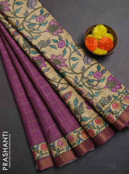 Mauve Pink & Beige Semi Tussar Saree - Kalamkari Prints
