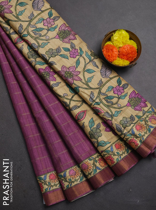 Mauve Pink & Beige Semi Tussar Saree - Kalamkari Prints