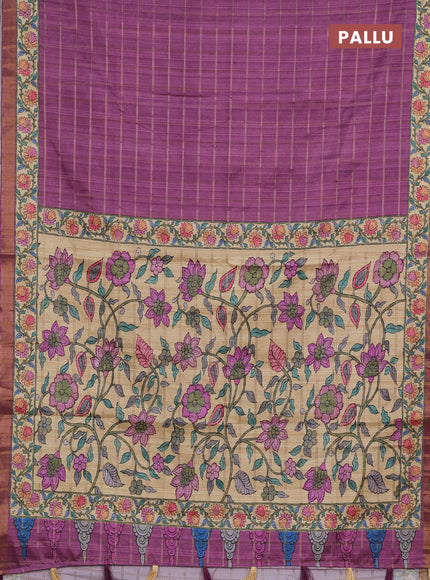 Mauve Pink & Beige Semi Tussar Saree - Kalamkari Prints