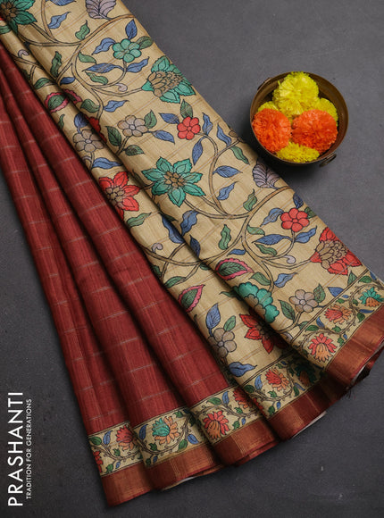 Rust & Beige Semi Tussar Saree - Kalamkari Prints