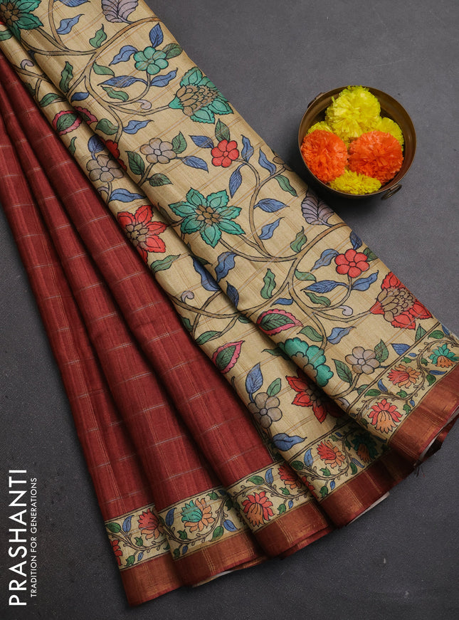 Rust & Beige Semi Tussar Saree - Kalamkari Prints