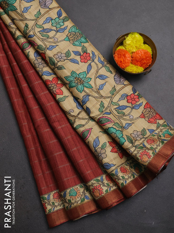 Rust & Beige Semi Tussar Saree - Kalamkari Prints