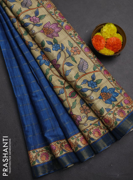 Blue & Beige Semi Tussar Saree - Kalamkari Prints