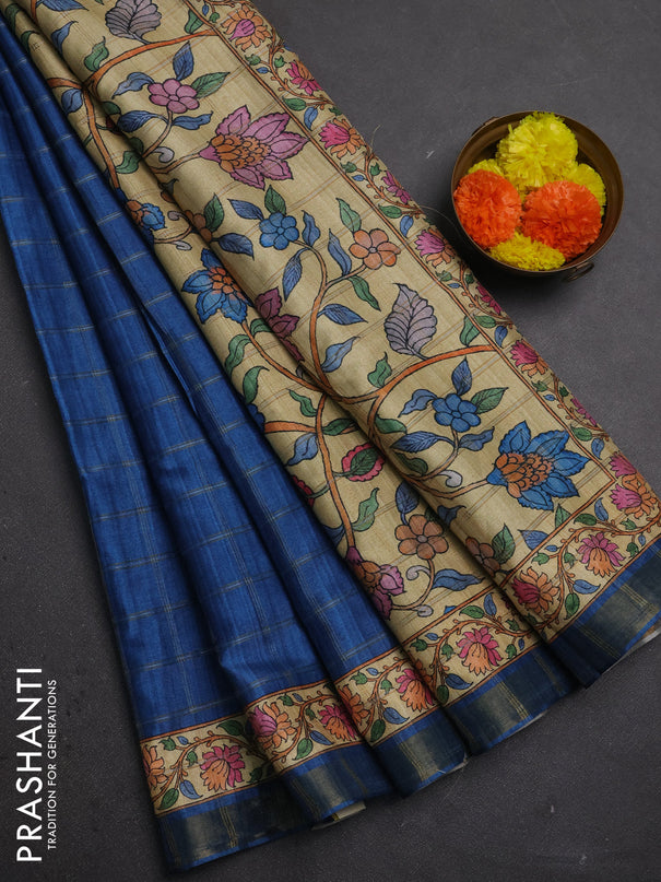 Blue & Beige Semi Tussar Saree - Kalamkari Prints