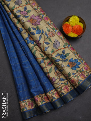 Blue & Beige Semi Tussar Saree - Kalamkari Prints