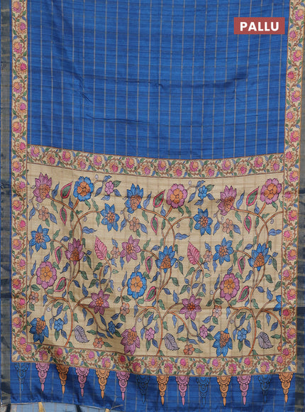 Blue & Beige Semi Tussar Saree - Kalamkari Prints