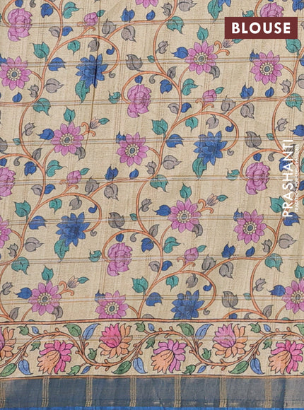 Blue & Beige Semi Tussar Saree - Kalamkari Prints