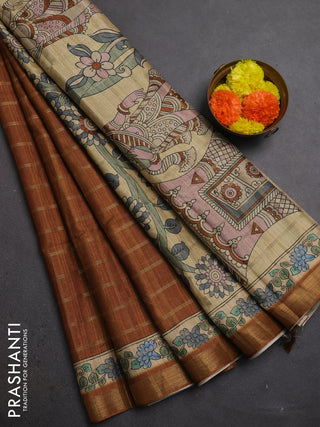 Mustard Yellow & Beige Semi Tussar Saree - Kalamkari Prints