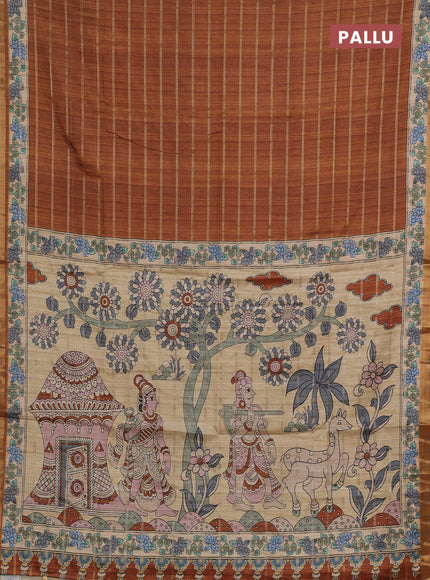 Mustard Yellow & Beige Semi Tussar Saree - Kalamkari Prints