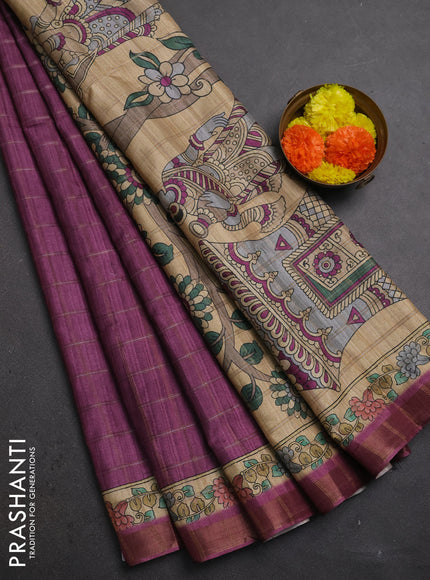 Purple & Beige Semi Tussar Saree - Kalamkari Prints