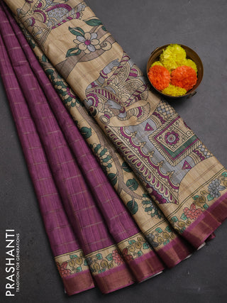 Purple & Beige Semi Tussar Saree - Kalamkari Prints