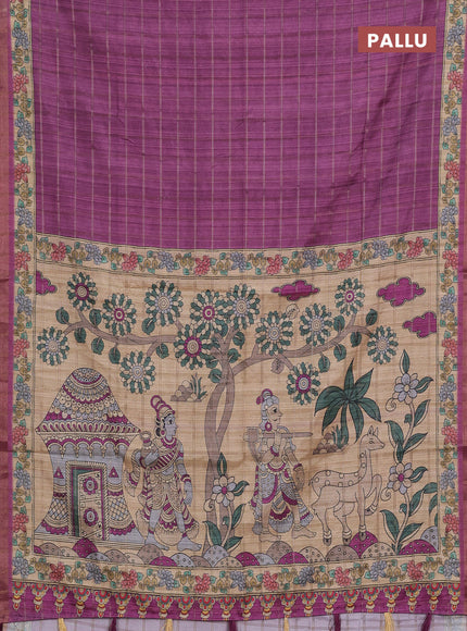 Purple & Beige Semi Tussar Saree - Kalamkari Prints