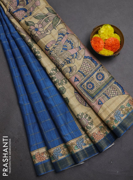 Blue & Beige Semi Tussar Saree - Kalamkari Prints