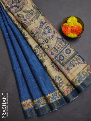 Blue & Beige Semi Tussar Saree - Kalamkari Prints
