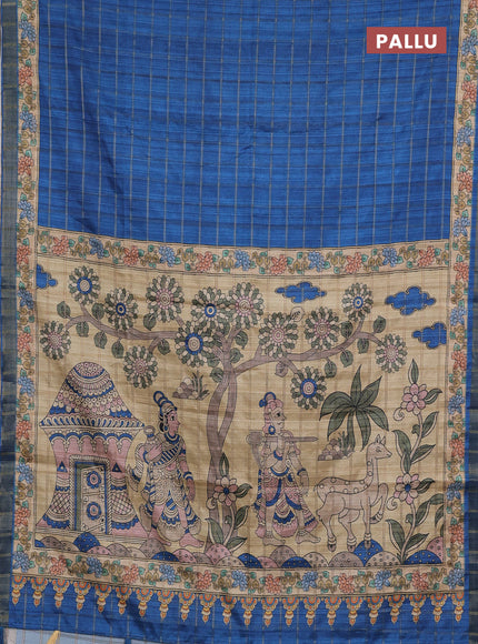 Blue & Beige Semi Tussar Saree - Kalamkari Prints