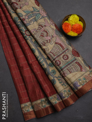 Maroon & Beige Semi Tussar Saree - Kalamkari Prints