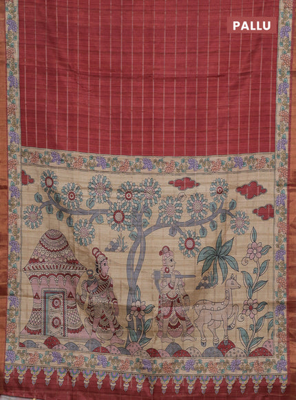 Maroon & Beige Semi Tussar Saree - Kalamkari Prints