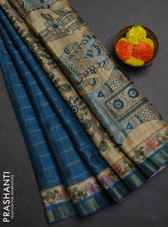Peacock Blue & Beige Semi Tussar Saree - Kalamkari Prints