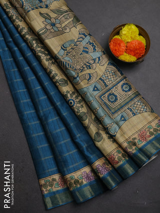 Peacock Blue & Beige Semi Tussar Saree - Kalamkari Prints