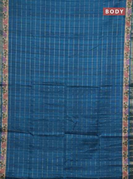 Peacock Blue & Beige Semi Tussar Saree - Kalamkari Prints