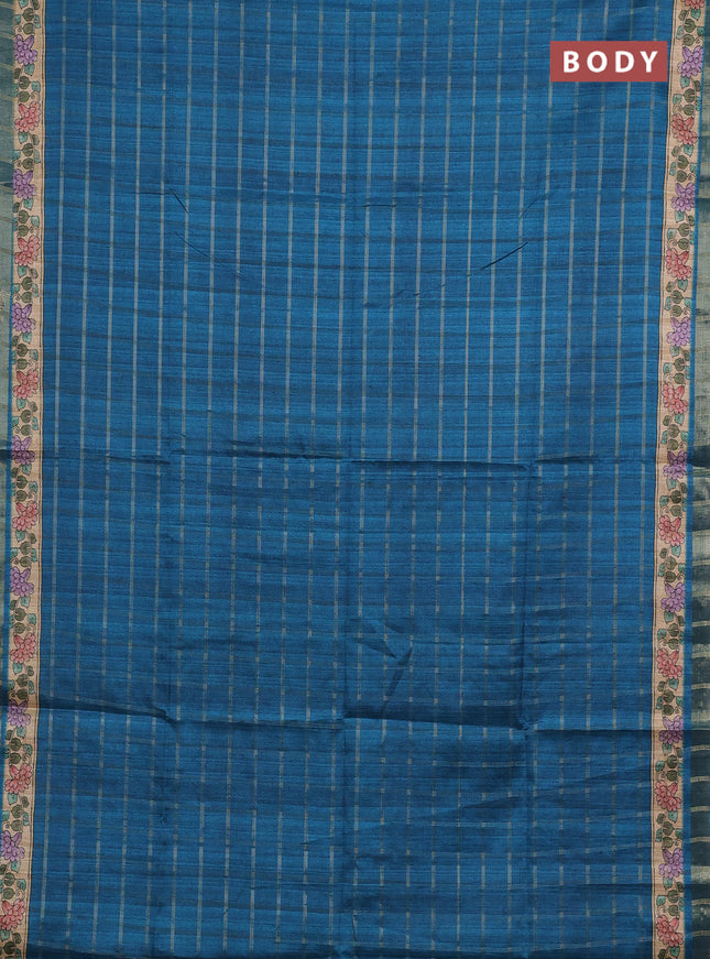 Peacock Blue & Beige Semi Tussar Saree - Kalamkari Prints