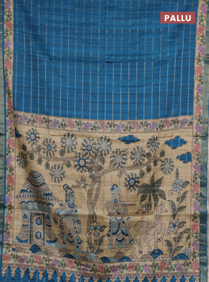 Peacock Blue & Beige Semi Tussar Saree - Kalamkari Prints