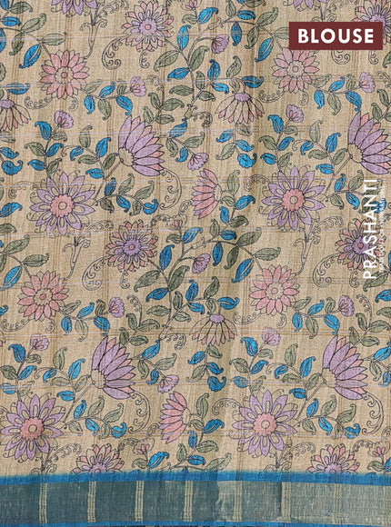 Peacock Blue & Beige Semi Tussar Saree - Kalamkari Prints