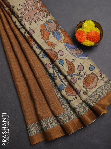 Mustard Yellow & Beige Semi Tussar Saree - Kalamkari Prints