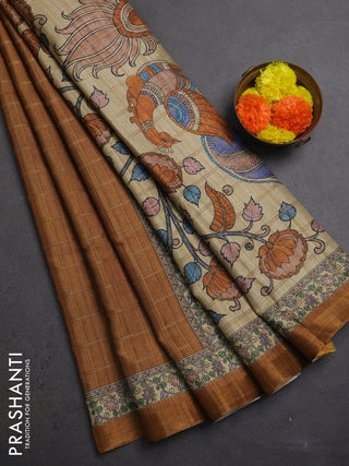 Mustard Yellow & Beige Semi Tussar Saree - Kalamkari Prints