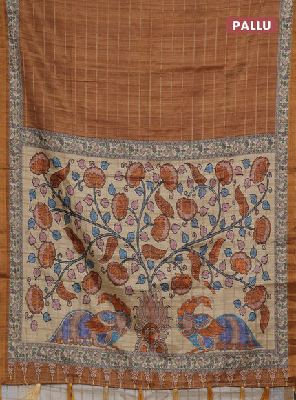 Mustard Yellow & Beige Semi Tussar Saree - Kalamkari Prints
