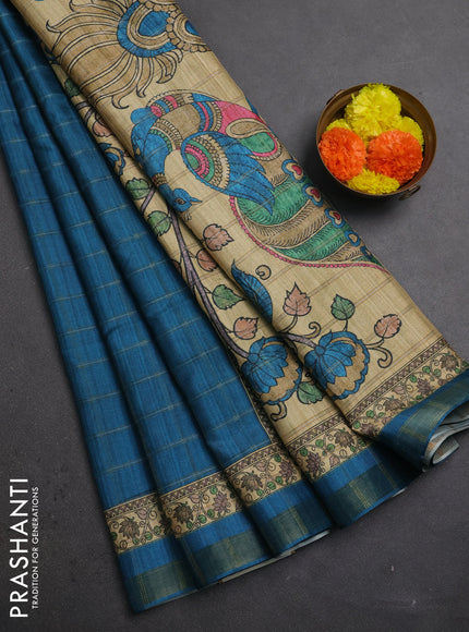 Peacock Blue & Beige Semi Tussar Saree - Kalamkari Prints