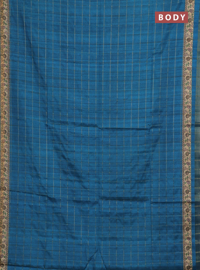 Peacock Blue & Beige Semi Tussar Saree - Kalamkari Prints