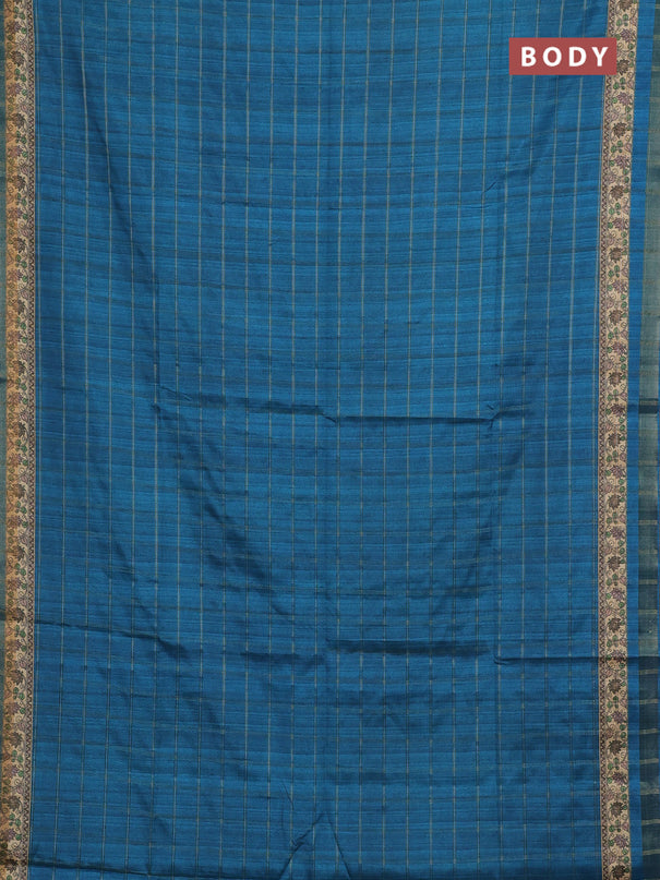 Peacock Blue & Beige Semi Tussar Saree - Kalamkari Prints