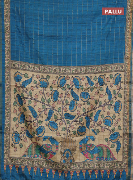 Peacock Blue & Beige Semi Tussar Saree - Kalamkari Prints