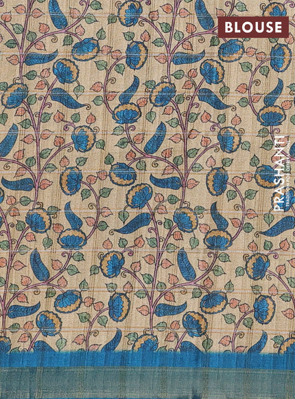 Peacock Blue & Beige Semi Tussar Saree - Kalamkari Prints