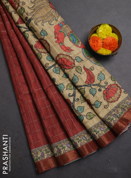 Rust & Beige Semi Tussar Saree - Kalamkari Prints