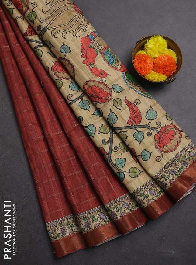 Rust & Beige Semi Tussar Saree - Kalamkari Prints