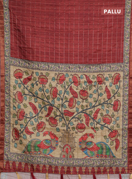 Rust & Beige Semi Tussar Saree - Kalamkari Prints