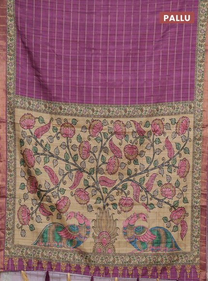 Mauve Pink & Beige Semi Tussar Saree - Kalamkari Prints