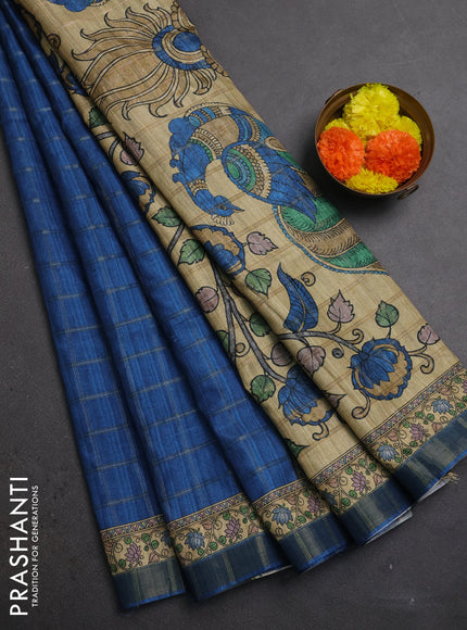 Blue & Beige Semi Tussar Saree - Kalamkari Prints