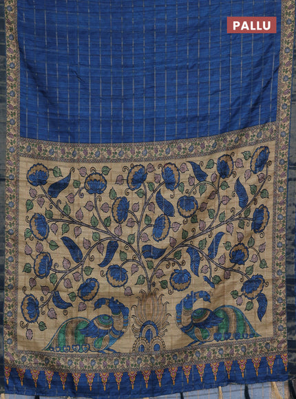 Blue & Beige Semi Tussar Saree - Kalamkari Prints